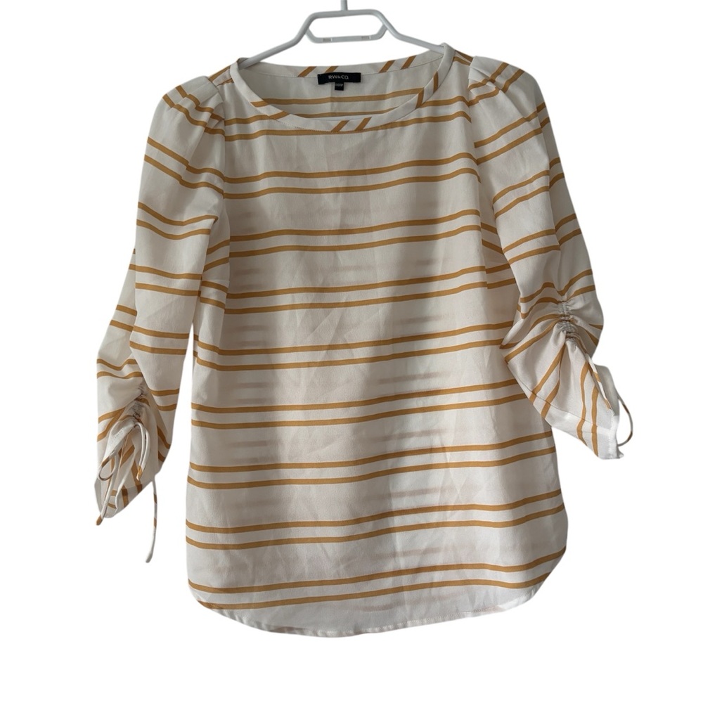 RW&CO striped mustard yellow and white blouse ruched tie sleeves causal size xxs